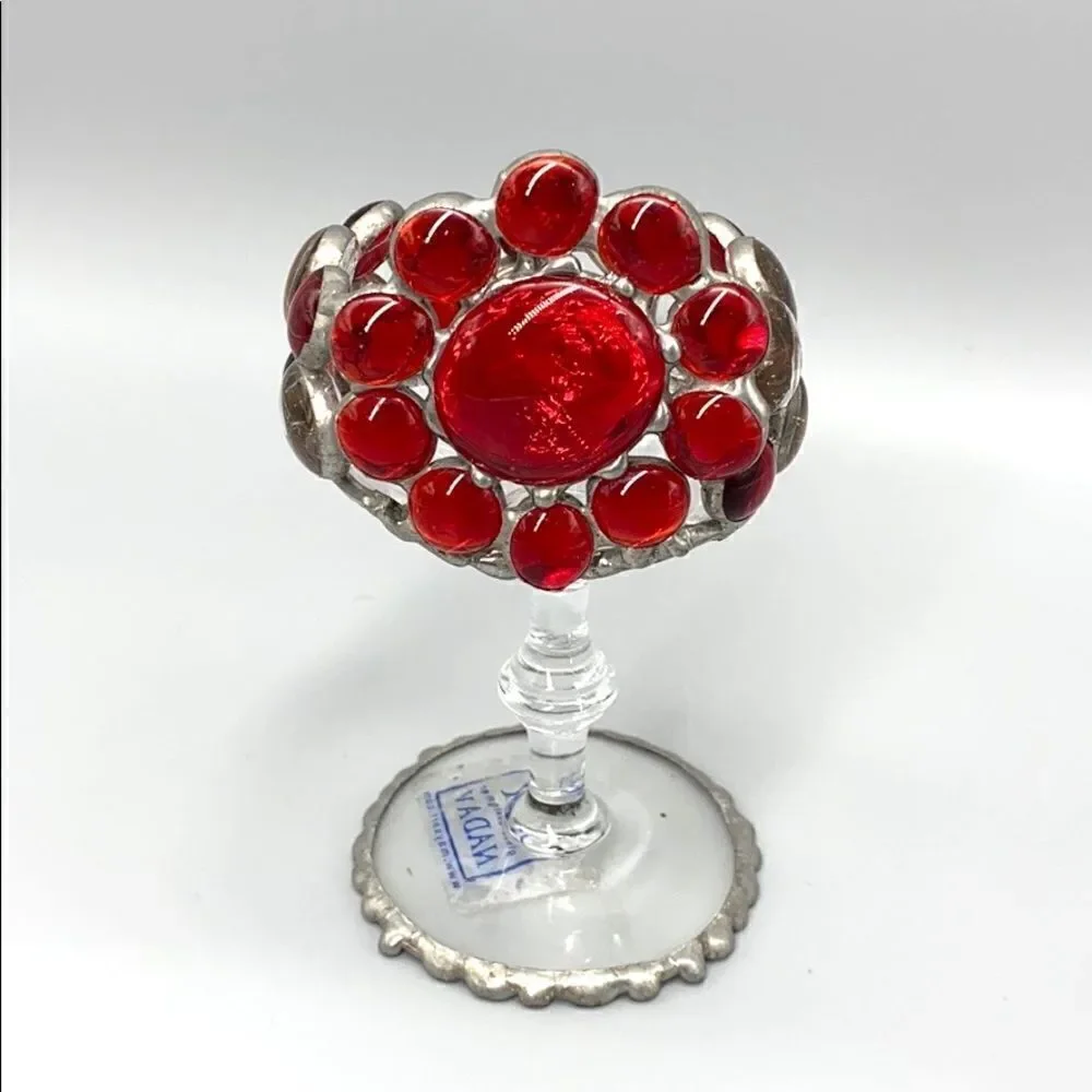 May Nadav Mosaic Art Glass Pedestal Votive Holder Decorative Bowl Red Clear